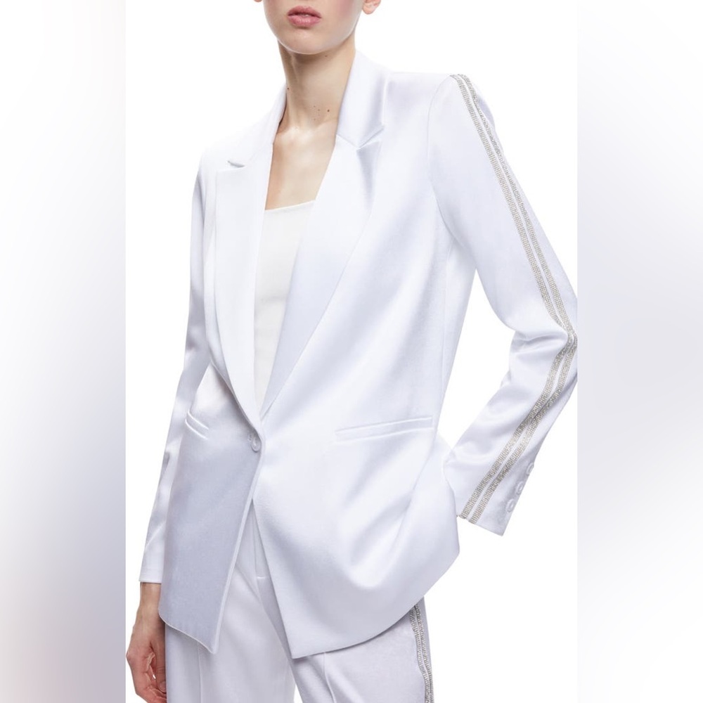 NWT Alice + Olivia white satin Denny blazer with rhinestone stripes Size 0